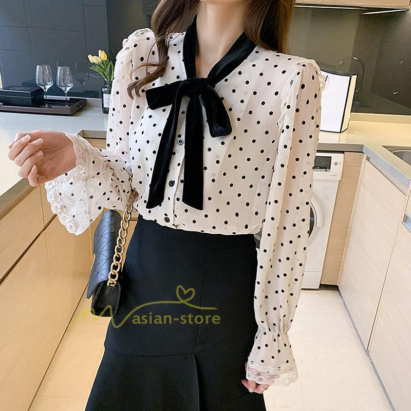 シャツ・ブラウス | ブラウス レディース 長袖ブラウス 秋服 オフィスブラウス リボンネック オシャレブラウス プリントトップス 韓国風 大人 ゆったりシャツ 通勤OL ドット柄 上品