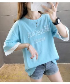 ｔシャツ・カットソー | ワイドTシャツ レディース ロング丈 5分袖 刺繍 韓国風 重ね着風 丸首 Tシャツ トップス 着痩せ 細身 カジュアル 人気 日常 上品 2021 アウトドア 夏新作 薄手