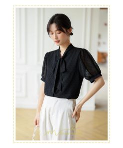 シャツ・ブラウス | ブラウス レディース おしゃれ きれいめ 半袖ブラウス カジュアル 無地 フォーマル オフィス オフホワイト 黒 シフォン OL 蝶結び 通勤 新作 お出かけ ビジネス