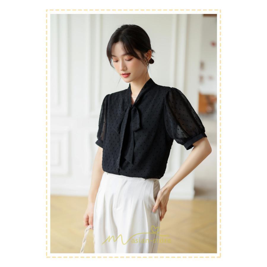 シャツ・ブラウス | ブラウス レディース おしゃれ きれいめ 半袖ブラウス カジュアル 無地 フォーマル オフィス オフホワイト 黒 シフォン OL 蝶結び 通勤 新作 お出かけ ビジネス
