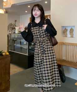 マキシ | ワンピース レディース 大きいサイズ チェック柄 リボン フレア 切り替え 重ね着風 レイヤード風 秋コーデ 秋 可愛い 若見え 冬 オシャレ 着痩せ