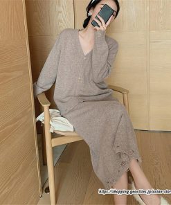 セットアップ | ニットレディース ニットカーディガン ニットスカート ウエストゴム 羽織りニット ダメージ加工 秋冬 長袖 ミモレ丈 無地