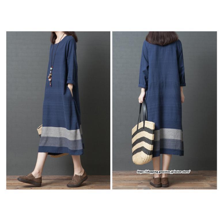 マキシ | リネンワンピース50代レディース綿麻風 長袖秋物 丸ネック 無地 Aラインワンピース ミモレ丈ワンピース サイドポケット ワンピース 30代40代 シンプル 大人