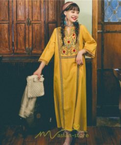 マキシ | 七分袖 ワンピース 綿麻ワンピース ロングワンピース レディース 夏秋 Aライン ゆったり 体型カバー おしゃれ きれいめ 休み 旅行 お出かけ 上品 刺繍 リゾート