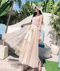 スカート | フレア チュールレディース ロングウエストゴム 春夏 リボン マキシ ドッキング 20代30代40代 着痩せ カジュアル お出かけ