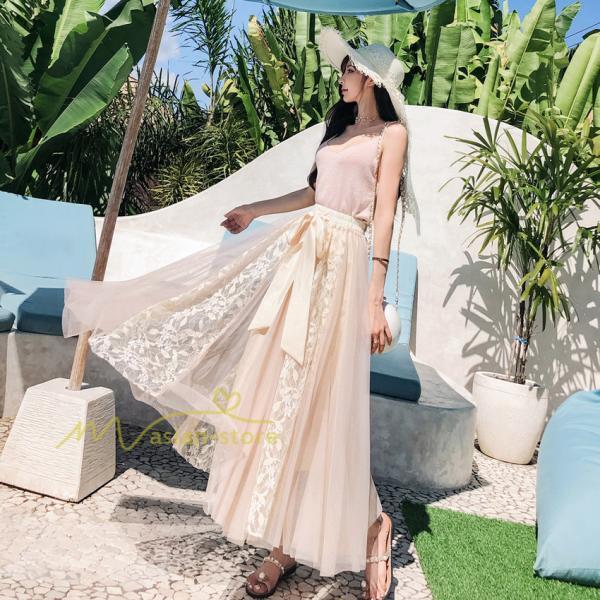 スカート | フレア チュールレディース ロングウエストゴム 春夏 リボン マキシ ドッキング 20代30代40代 着痩せ カジュアル お出かけ