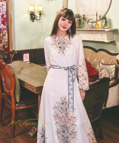 マキシ | ロングワンピース 長袖 レディース プリント Aラインワンピース 30代40代 ゆったり ワンピ 広い裾 ベルト付き ダンス プリンセス 舞台 落ち感 コスプレ