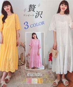 マキシ | ワンピース レース 丸首 刺繍 ロングワンピース レディース 夏秋 結婚式 きれいめ フォーマル 大人 上品 綿麻 白 黄色 コットン ピンク かわいい リネン