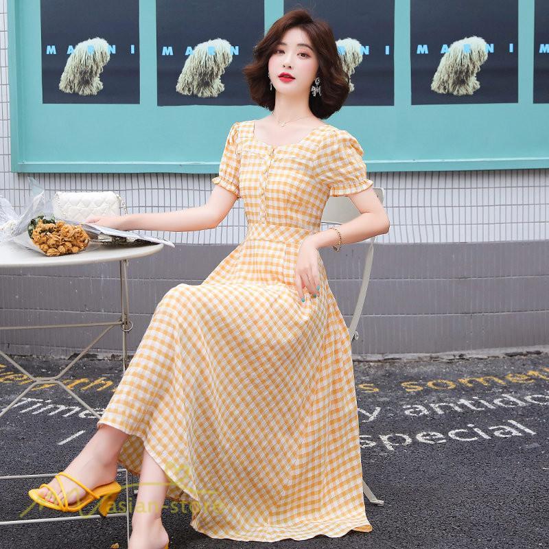 マキシ | ワンピース レディース チェック柄 きれいめ おしゃれ ゆったり ロング丈 着痩せ 春 夏 着痩せ ロングワンピース 上品 韓国風 バックファスナー エレガント