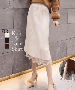 タイトスカート | ストレッチ ミモレ丈 リブ編み リブニットスカート 暖か スリット 裾レース ボトムス ウエストゴム スカート ロングスカート