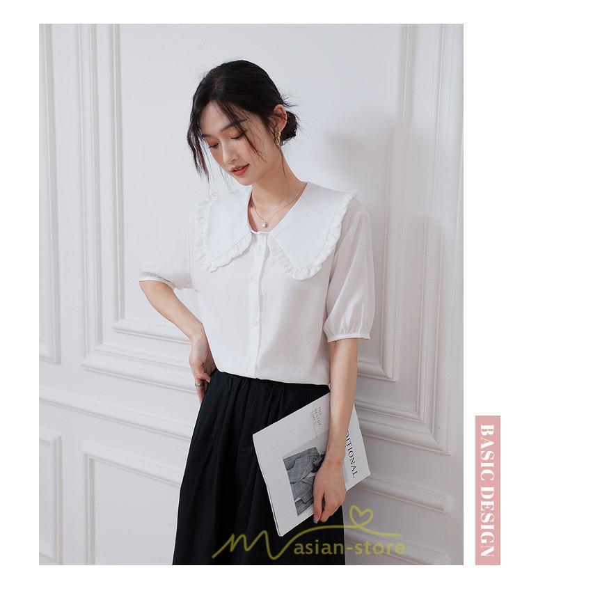 シャツ・ブラウス | ブラウス シフォン トップス レディース 白 紫 夏ブラウス シフォンブラウス 半袖 オフィス 春夏 クルーネック お出かけ 着痩せ 華奢見え フリル