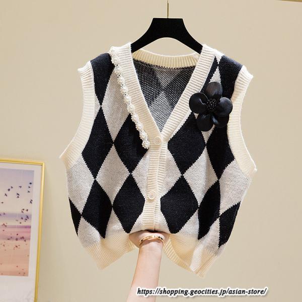 ベスト | ニットレディース トップス Vネック タンクトップ ノースリーブ 袖なし インナー ニット 重ね着風 レイヤード風 20代30代 セーター 女ニット