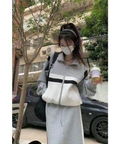 スカート | スウェット秋冬 レディース ドッキング ロングジャケット パーカー スウェット アウター 無地 ボトムズ 運動 ウエストゴム ジップアップ