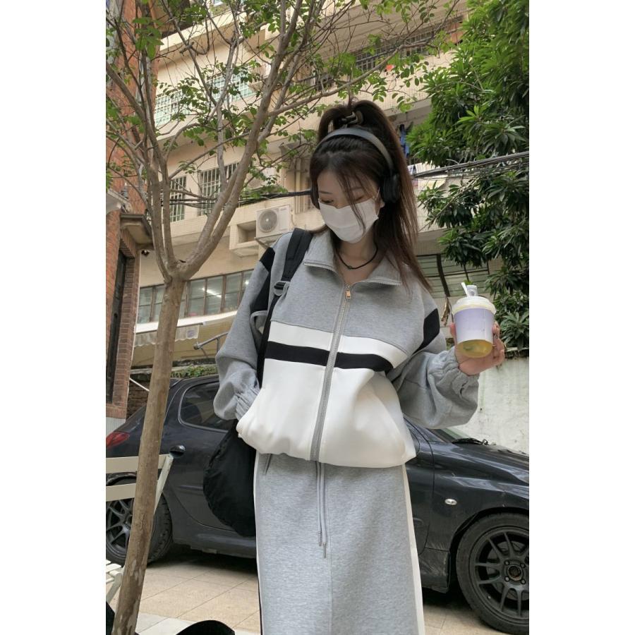 スカート | スウェット秋冬 レディース ドッキング ロングジャケット パーカー スウェット アウター 無地 ボトムズ 運動 ウエストゴム ジップアップ