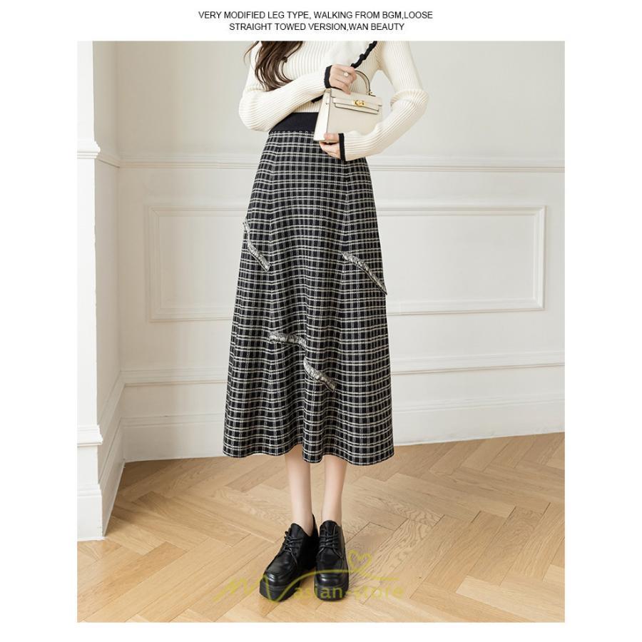 スカート | ロングチェック柄 ニット きれいめ レディース ロング丈 女子会 デート 20代 30代 40代 50代 秋 あったか お出かけ 冬 フレア 高見え 細見え