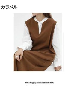 マキシ | ワンピース ジャンパースカート ジャンスカ 深Vネック ロングワンピース Vネック 】 ウール混深Vネックジャンスカ スリット入り【