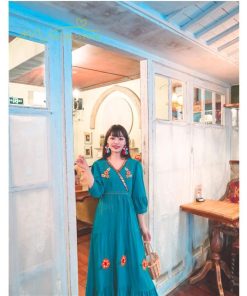 マキシ | ワンピース レディースワンピース 春夏 マキシワンピース ハイウエスト 長袖 二次会 通勤 OL 40代 着痩せ 刺繍 Vネック Aライン カジュアル エスニック 4色