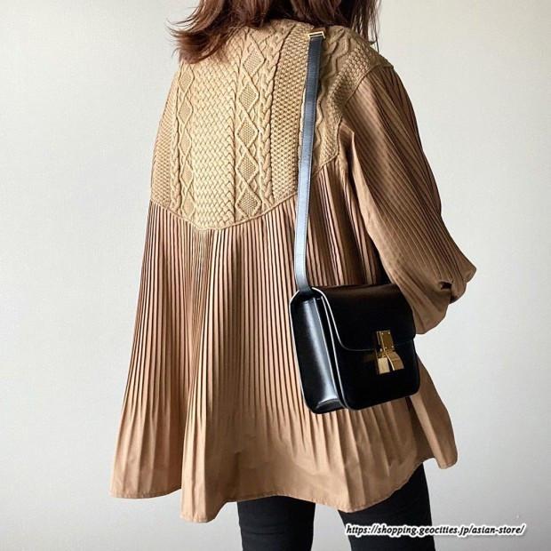 ニット・セーター | 切替ニットセーター レディース トップス プリーツ パフスリーブ ブラウン 長袖 Vネック 切り替え セーター ニット 可愛い おしゃれ感 無地 シャツ フレア