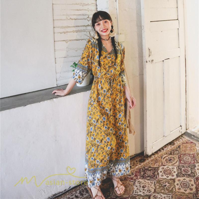 マキシ | ワンピース レディース 総柄 きれいめ ロングワンピース 可愛い カジュアル 春 夏 秋 40代 7分袖 上品 きれいめ 民族風 旅行着 おしゃれ プルオーバー