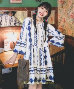 ミニ丈 | ワンピース 夏秋 レディース 長袖 綿麻 ひざ上 ショート かわいい リゾート 休み 旅行 お出かけ 華やか 着痩せ ゆったり 幾何学柄 エスニック風 Vネック 民族風