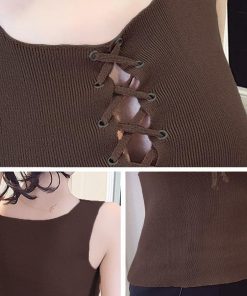 Tシャツ・カットソー | ニットキャミソール レースアップ 春夏 ノースリーブ レディース ニットビスチェ タンクトップ トップス