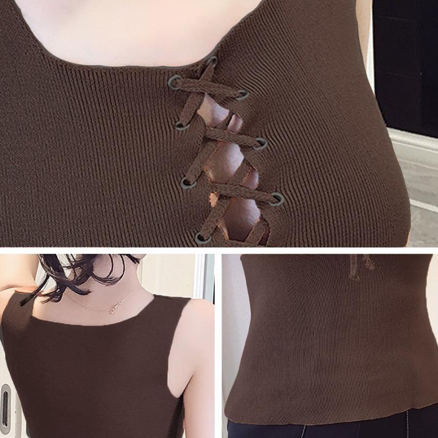 Tシャツ・カットソー | ニットキャミソール レースアップ 春夏 ノースリーブ レディース ニットビスチェ タンクトップ トップス