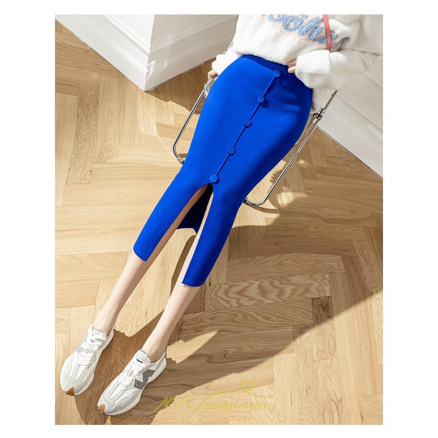 スカート | レディース ロング丈 ミモレ丈 ニット 秋冬 韓国風 スリット ハイウエスト Aライン 着痩せ 小柄 大人可愛い 20代30代40代50代 フェミニン 脚長効果