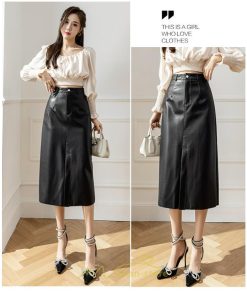 スカート | レザーフレアロング レディース  ボトムス ロングAライン ミモレ丈 かっこいい スリット オシャレ 着痩せ キレイめ