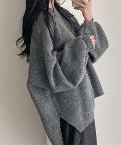 ニット・セーター | ニット レディース 秋冬 厚手 トップス セーター 秋服コーデ 長袖 パフスリーブ ボリューム感 スリット ゆったり 30代 上品 無地 大人 ニットセーター 大きめ