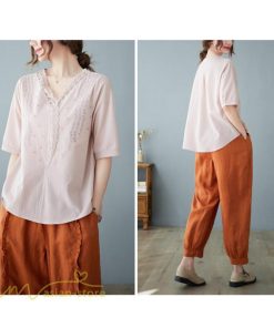 tシャツ・カットソー | Tシャツ ブラウス レディース Vネック カジュアル エレガント 半袖 30代 40代 カットソー 夏新作 おしゃれ 大きいサイズ 体型カバー コットン 麻混 ゆったり