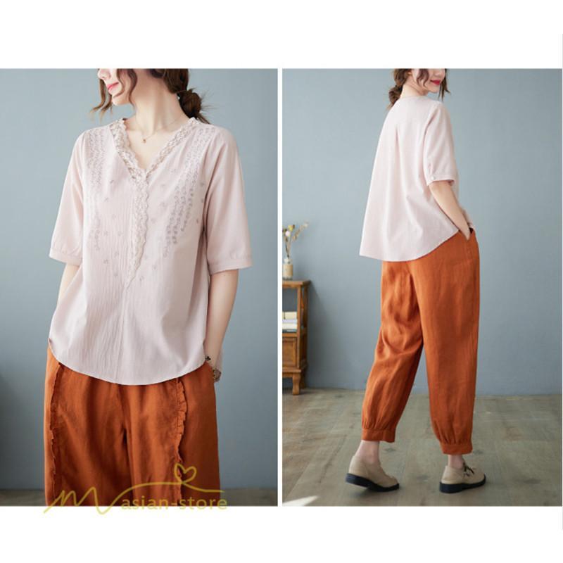 tシャツ・カットソー | Tシャツ ブラウス レディース Vネック カジュアル エレガント 半袖 30代 40代 カットソー 夏新作 おしゃれ 大きいサイズ 体型カバー コットン 麻混 ゆったり