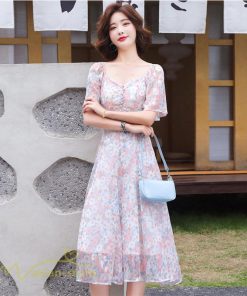 ミディアム | ワンピース レディース 花柄 きれいめ 膝丈 おしゃれ 上品 半袖 スクエアネック 大きいサイズ 30代 40代 夏新作 20代 サマーワンピース 大人 エレガント 韓国風