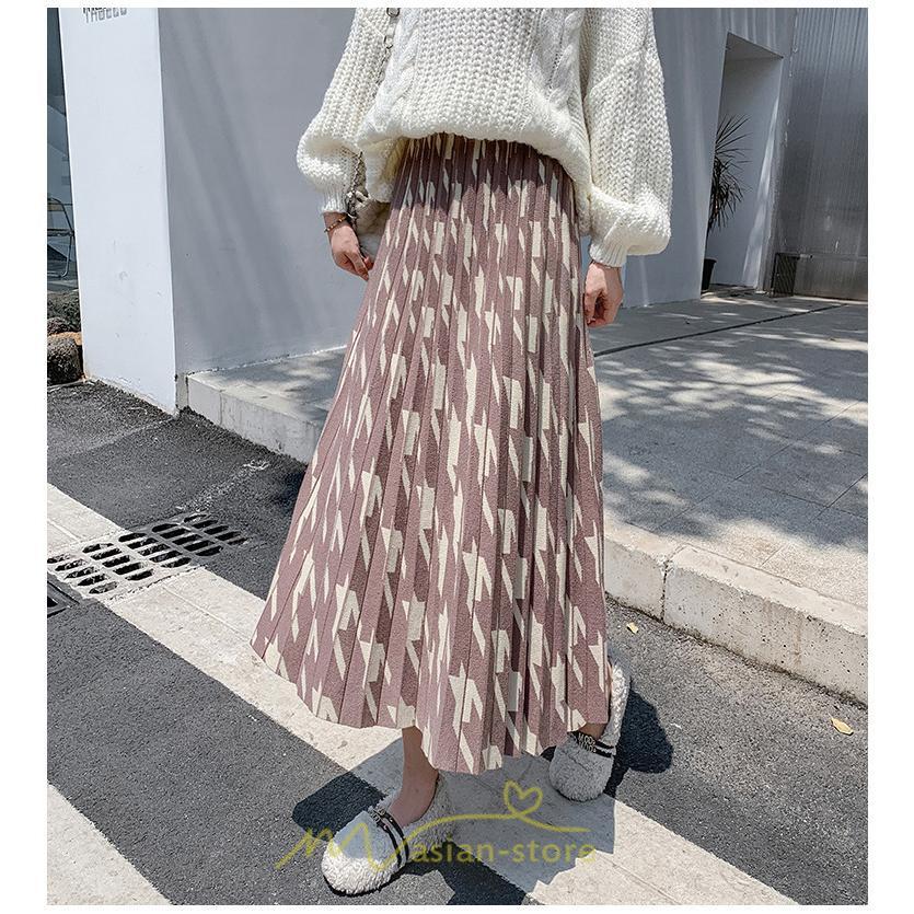 スカート | ロングレディース ボトムス プリーツかわいい 秋冬新作 韓国風 ハイウエスト 細見え 脚長効果 ニット こなれ感 高身長 低身長 トレンド