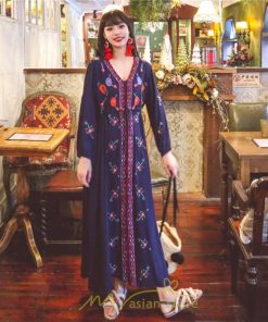 マキシ | ワンピース レディース ロングワンピース ロング丈 マキシ丈 綿麻 長袖 Vネック 花柄 体型カバー ゆったり ゆるっとワンピース リネン 夏 シンプル 秋 かわいい