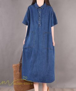 デニムワンピース | ワンピース シャツワンピース ロングデニムシャツワンピース 無地 膝丈 ゆったり 可愛い 半袖 カジュアル 夏コーデ 日常感 体型カバー 大人