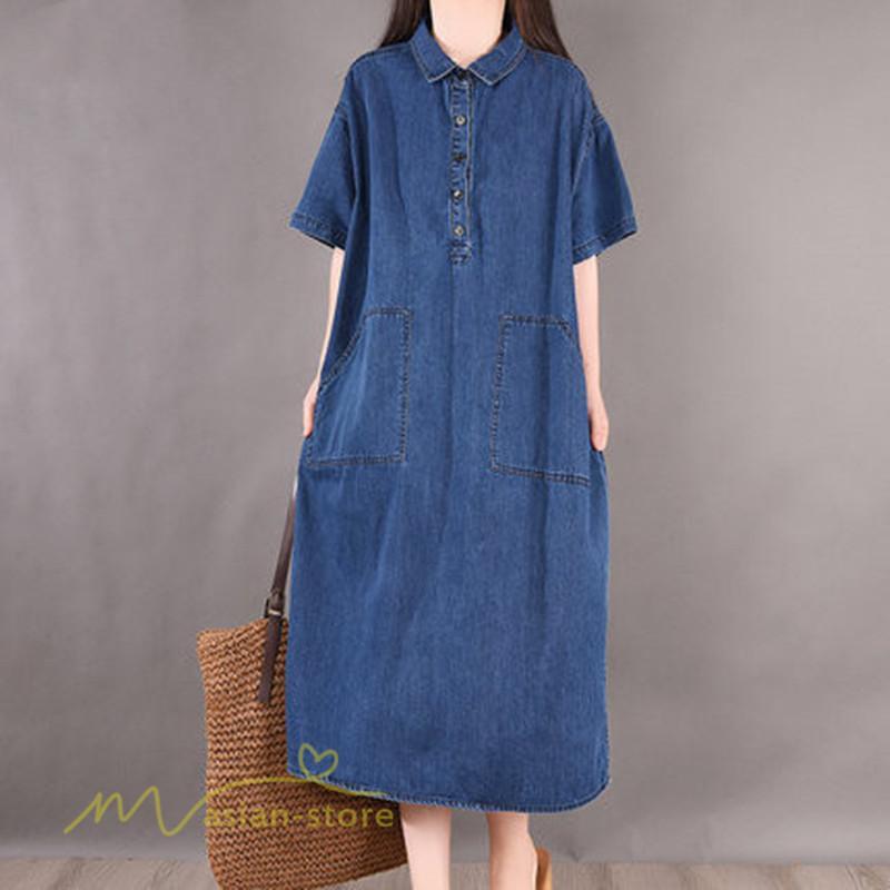 デニムワンピース | ワンピース シャツワンピース ロングデニムシャツワンピース 無地 膝丈 ゆったり 可愛い 半袖 カジュアル 夏コーデ 日常感 体型カバー 大人