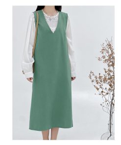 マキシ | ワンピース ジャンパースカート ジャンスカ 深Vネック ロングワンピース Vネック スリット入りロングワンピース ノースリーブ 30代40代 オフィス 大人