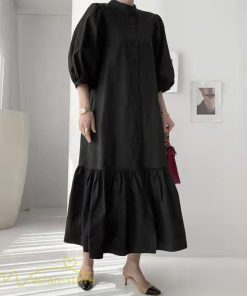 マキシ | シャツワンピース 7分袖 無地 切り替え モックネック シンプル レディース カジュアルワンピース 秋コーデ マーメイドワンピ 前開き Aライン 大きいサイズ 秋