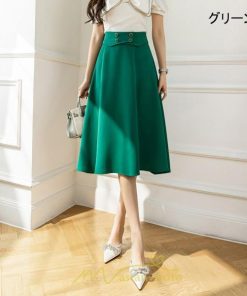 スカート | 無地 膝下 ひざ下 黒 緑 ベージュ ハイウエスト レディース Aライン 着痩せ 脚長効果 通勤 就活 日常 上品 OL エレガント オフィス ビジネス