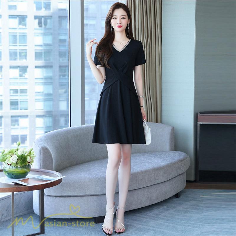 ミディアム | ワンピース Aライン レディース 着痩せ Vネック ひざ上丈 カジュアル 大きいサイズ 無地 きれいめ おしゃれ 春 夏 30代 新作 上品 サマーワンピース 40代 20代