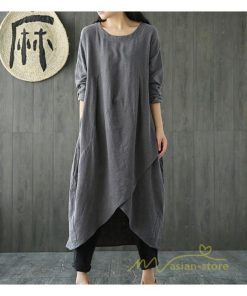 マキシ | 長袖ワンピース 綿麻 無地 Aライン 春物 カワイイ ミモレ丈ワンピース 春コーデ ワンピ 体型カバー ゆったり 20代30代 通学通勤 部屋着