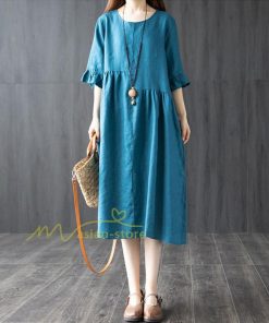 ミディアム | ワンピース レディース 40代 50代 半袖 きれいめ ゆったり ミディ丈 30代 ミディアム丈 綿麻混ワンピース 韓国ファッション 丸首 上品 カジュアル 夏物 お出かけ