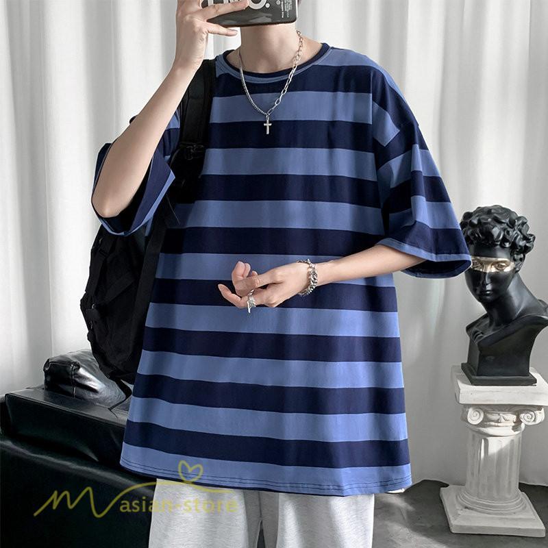 Tシャツ | カットソー 半袖トップス メンズボーダー カジュアル クルーネック ゆったり 夏新作 夏服 シンプル おしゃれ 大きいサイズ 5分袖