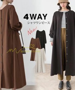マキシ | 長袖ワンピース ワンピース レディース 秋物 羽織り カーディガン ロングワンピ ミモレ丈 4way 大人 上品感 無地 30代40代 リボン パフスリーブ 二次会