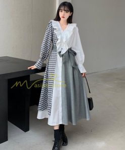 マキシ | ロングワンピース 秋物 レディース ミモレ丈 Aラインワンピース 切り替え フェイク レイヤード風 チェック柄 着やせ お呼ばれワンピース 重ね着風 30代40代