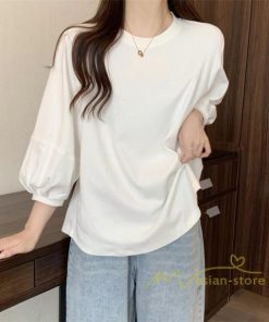 ｔシャツ・カットソー | 7分袖Tシャツ レディース Tシャツ 夏服 秋物 夏秋物 トップス 夏秋服 パフスリーブ ゆったり 無地 丸首 秋コーデ 春夏秋 可愛い 20代30代 40代50代 夏コーデ
