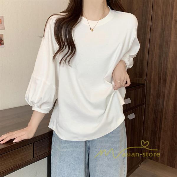 tシャツ・カットソー | 7分袖Tシャツ レディース Tシャツ 夏服 秋物 夏秋物 トップス 夏秋服 パフスリーブ ゆったり 無地 丸首 秋コーデ 春夏秋 可愛い 20代30代 40代50代 夏コーデ
