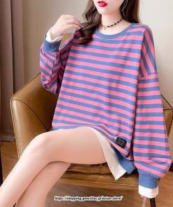 パーカー | 重ね着風トレーナー レディース 長袖 トップス カジュアル スウェット ボーダー柄 ゆったり トレーナー トップス 切り替え 可愛い きれいめ レイヤード風