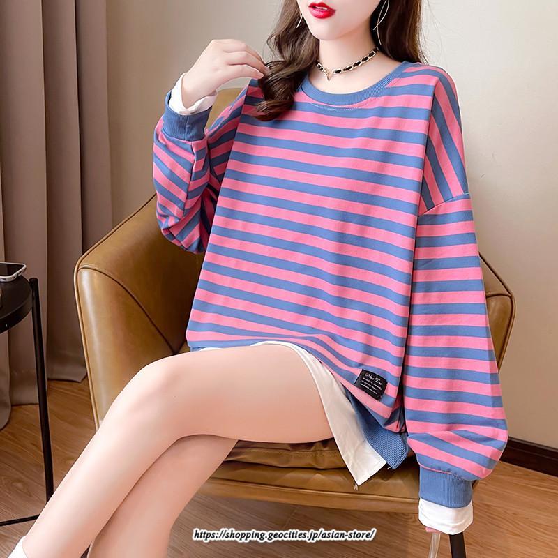 パーカー | 重ね着風トレーナー レディース 長袖 トップス カジュアル スウェット ボーダー柄 ゆったり トレーナー トップス 切り替え 可愛い きれいめ レイヤード風