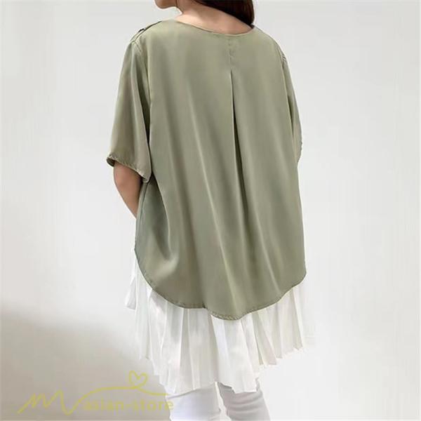 シャツ・ブラウス | ブラウス 夏服 レディース 半袖 五分袖 トップス 切り替え フェイク シフォン 涼感 通気性 無地 可愛い 女っぽい ゆったり 50代60代 大人 揺れる 30代40代
